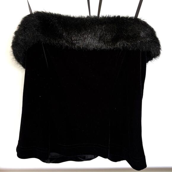 Tadashi Vintage Black Velvet Strapless Top Faux Fur Trim Winter Formal Size 4 - Picture 1 of 11